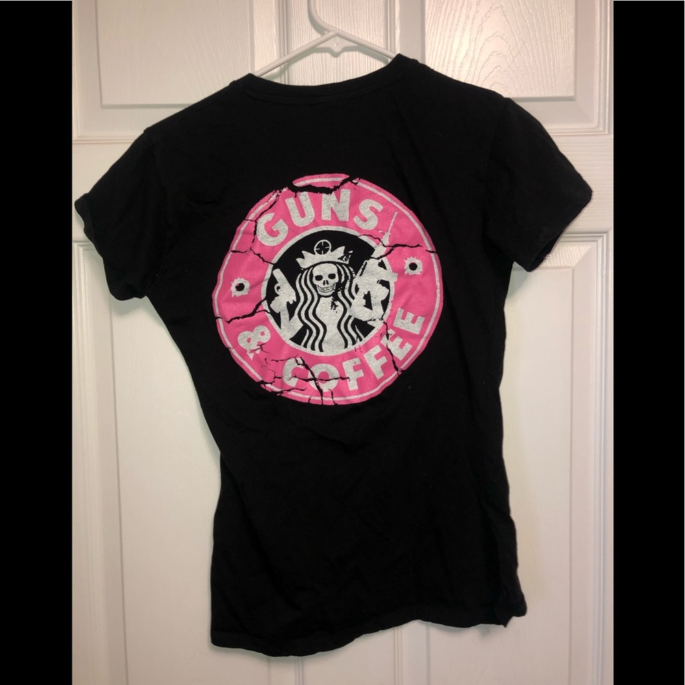 Black T-shirt with pink logo.